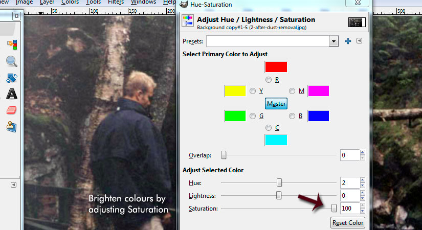 Use the Hue and Saturation in GIMP to make negative scan colour brighter